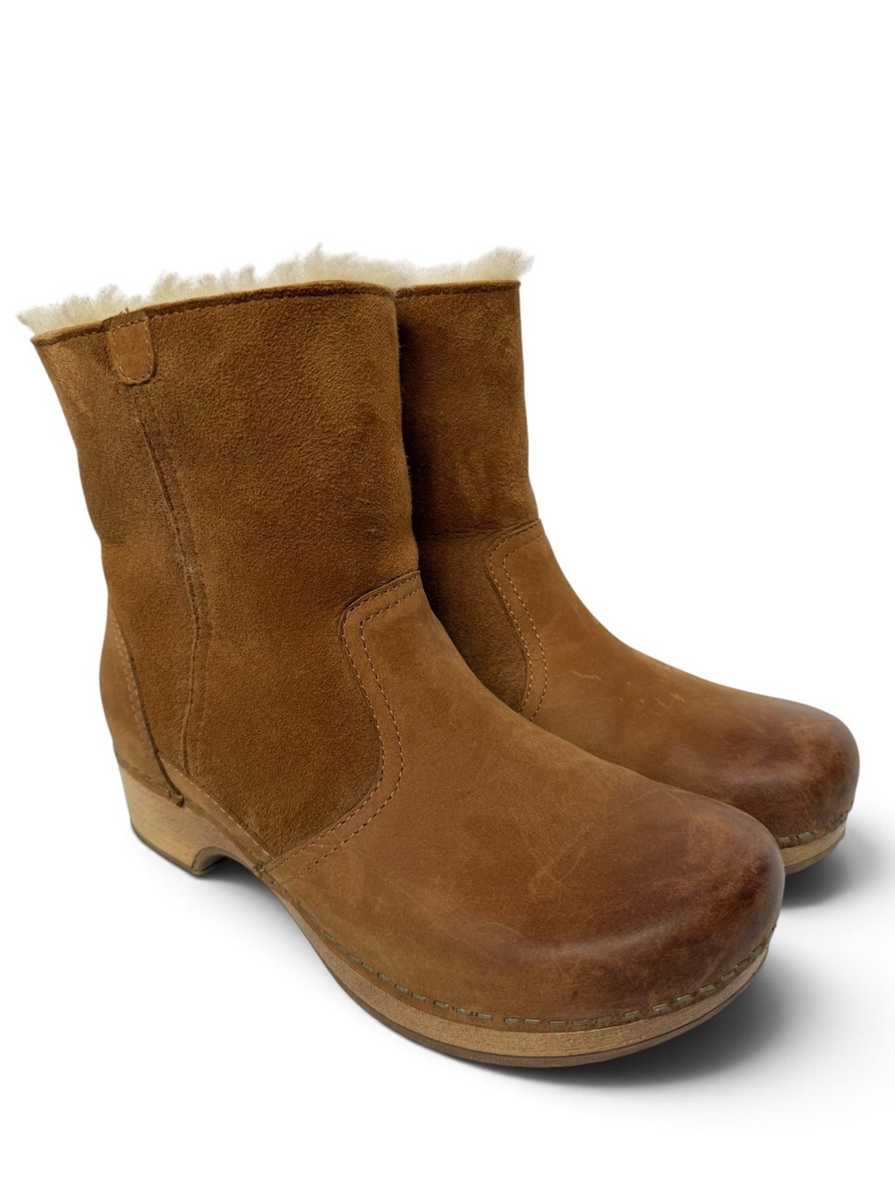 Dansko 37 Brown Leather Suede Shearling Lined Clog Ankle Boots